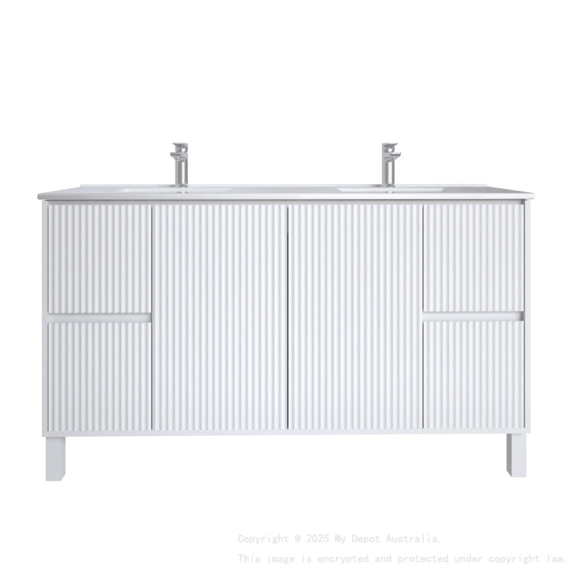 1500mm Brio Matte White 2PAC Coating PVC Freestanding Elegant Wave-Like Fluted Design Bathroom Vanity Cabinet Only