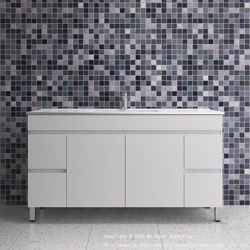 1500*450*710mm Freestangding Gloss White PVC Vanity With Double Ceramic Top  Cabinet Only