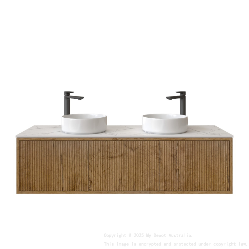 1500mm Kiama Prime Oak 2 Drawers 1 Door Narrow Fluted Wall Hung Vanity Cabinet Only