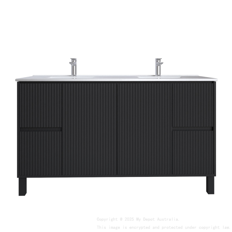 1500mm Brio Matte Black 2PAC Coating PVC Freestanding Elegant Wave-Like Fluted Design Bathroom Vanity Cabinet Only