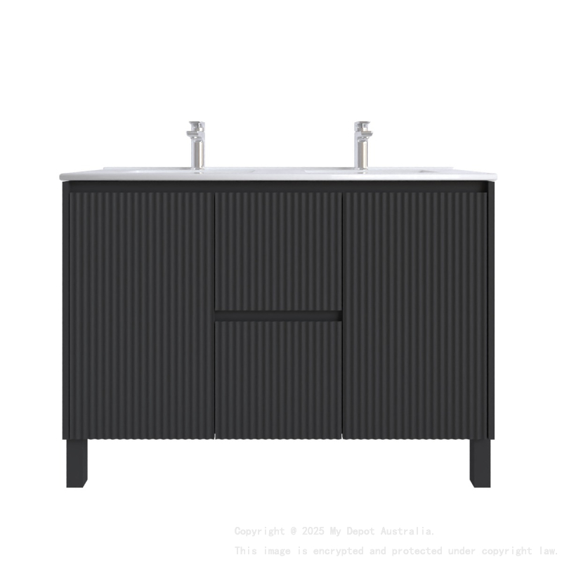 1200mm Brio Matte Black 2PAC Coating PVC Freestanding Elegant Wave-Like Fluted Design Bathroom Vanity Cabinet Only