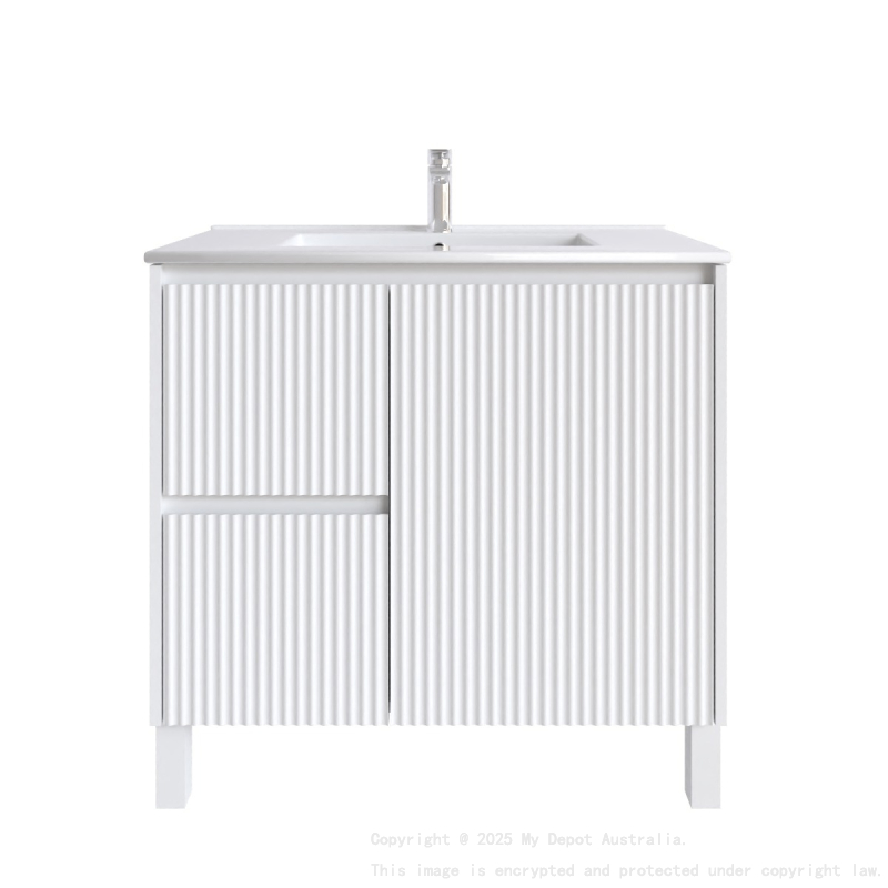 900mm Brio Matte White 2PAC Coating PVC Freestanding Elegant Wave-Like Fluted Design Bathroom Vanity Cabinet Only