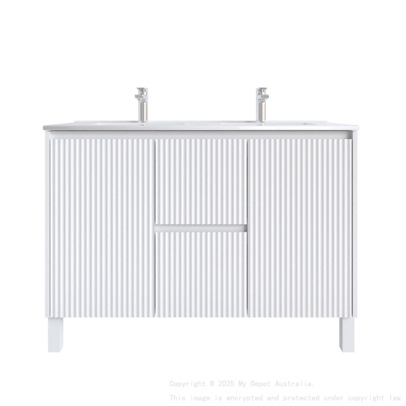 1200mm Brio Fluted Design PVC Matte White Freestanding Elegant Wave-Like Bathroom Vanity Cabinet Only