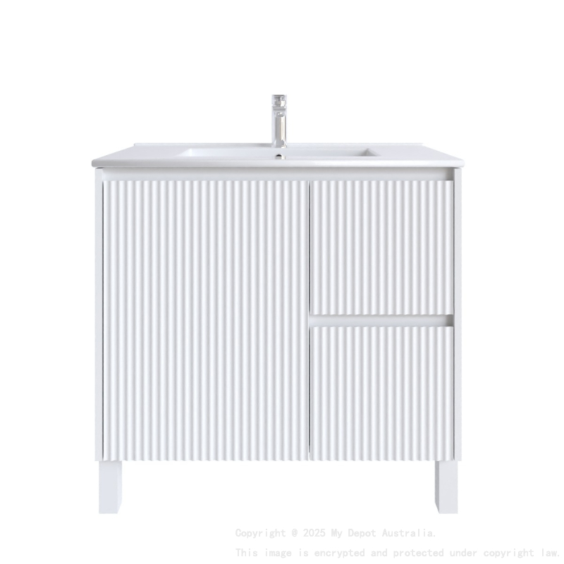 900mm Brio Matte White 2PAC Coating PVC Freestanding Elegant Wave-Like Fluted Design Bathroom Vanity Cabinet Only