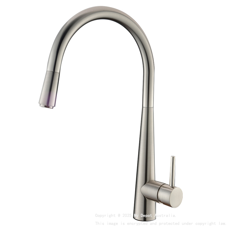 Round Brushed Nickel Pull Out Kitchen Sink Mixer Tap