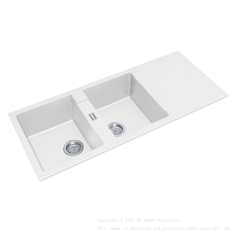 White Granite Quartz Stone Kitchen Sink Double Bowls Drainboard Top/Undermount 1160*500*200mm
