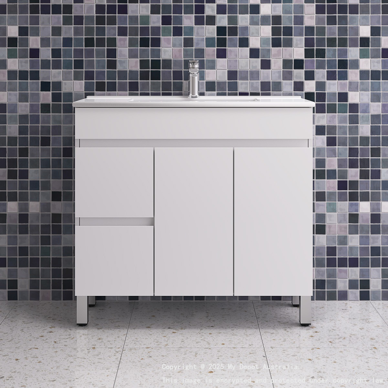 900MM Gloss White PVC Bathroom Vanity Left Drawers Free standing Cabinet Only