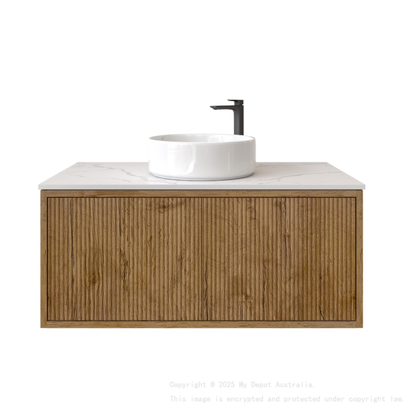 900mm Kiama Prime Oak 1 Right Hand Drawer 1 Left Hand Door Narrow Fluted Wall Hung Vanity Cabinet Only