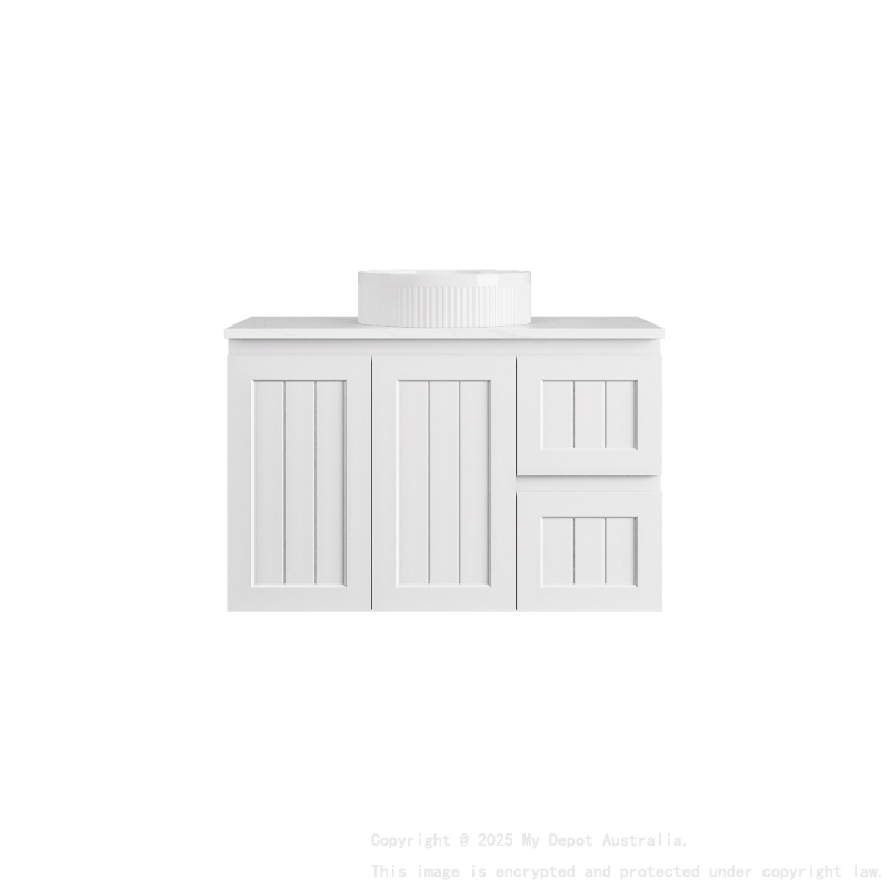 890*360*560mm Matte White Archill Federation Wall Hung Ensuite PVC Cabinet Right Hand Drawer