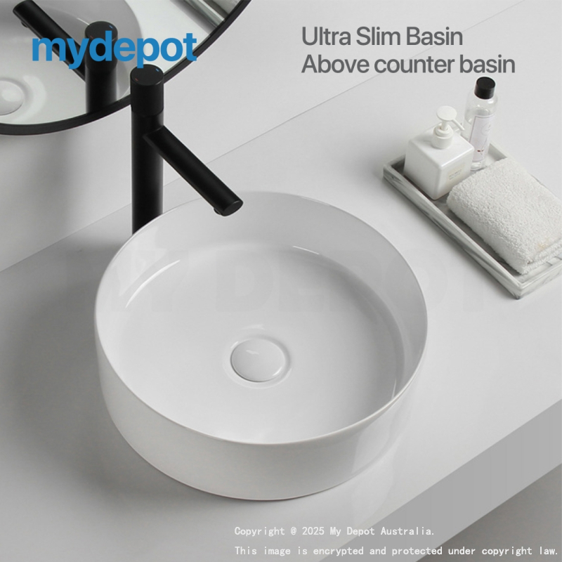 400mm Round Gloss White Ceramic Above Counter Basin Non-overflow