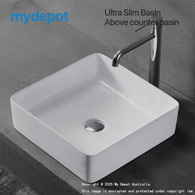 410mm Square Above Counter Basin Gloss White Ultra Slim Fine Ceramic Basin