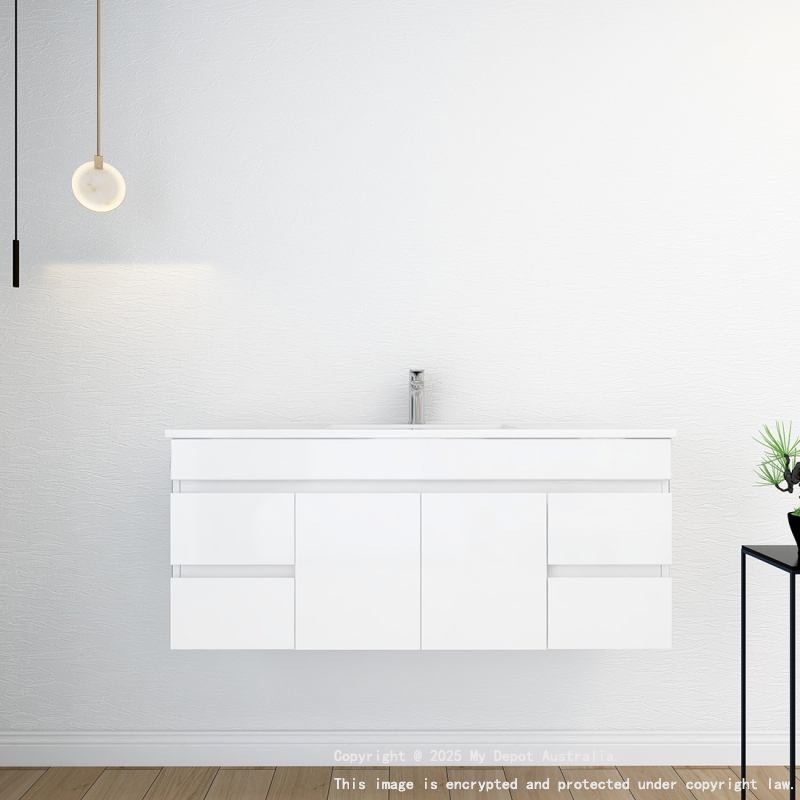 1200MM Gloss White MDF Bathroom Vanity 2 Middle Doors 4 Side Drawers Wall Hung Cabinet Only