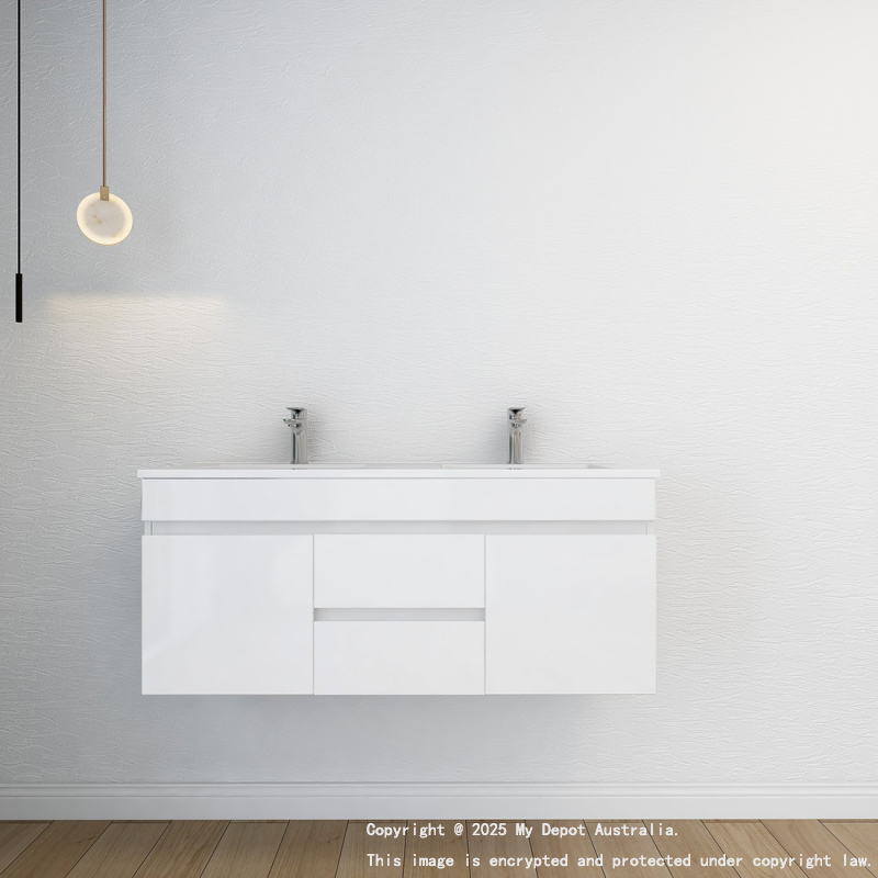 1200MM Gloss White MDF Bathroom Vanity 2 Middle Drawers 2 Side Doors Wall Hung Cabinet Only