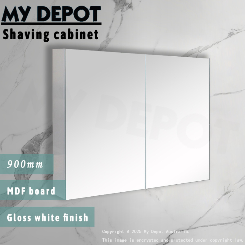 900MM Pencil Edge Gloss White MDF Shaving Cabinet 2 Doors