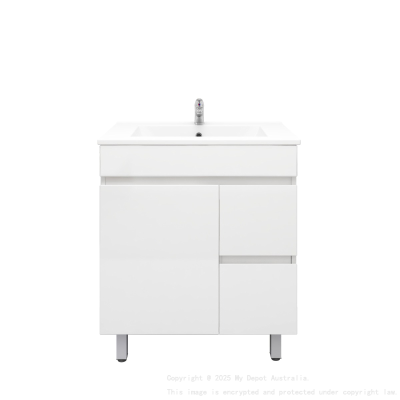 750MM Narrow Gloss White PVC Bathroom Vanity Right Drawers Free standing Cabinet Only