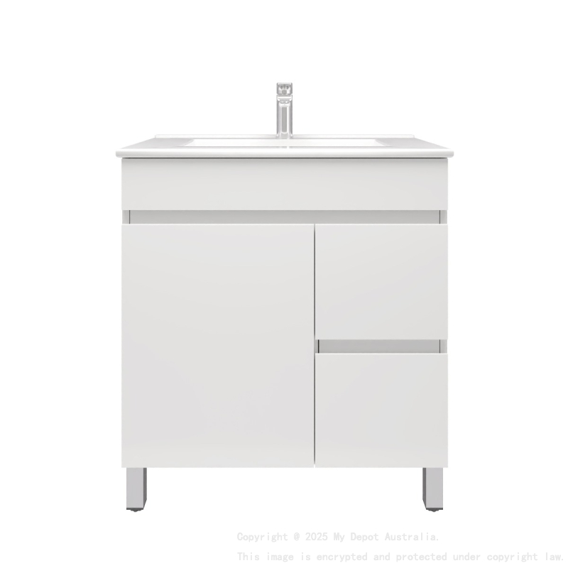 750MM Gloss White PVC Bathroom Vanity  Right Drawers Free standing Cabinet Only
