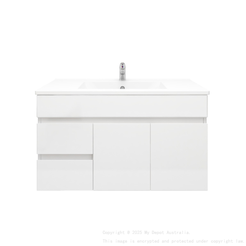 900MM Gloss White PVC Bathroom Vanity Left Drawers Wall Hung Cabinet Only