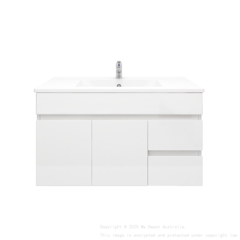 900MM Gloss White PVC Bathroom Vanity Right Drawers Wall Hung Cabinet Only