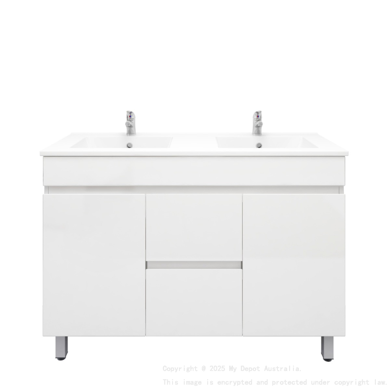 1200MM Gloss White PVC Bathroom Vanity 2 Middle Drawers 2 Side Doors Free standing Cabinet Only