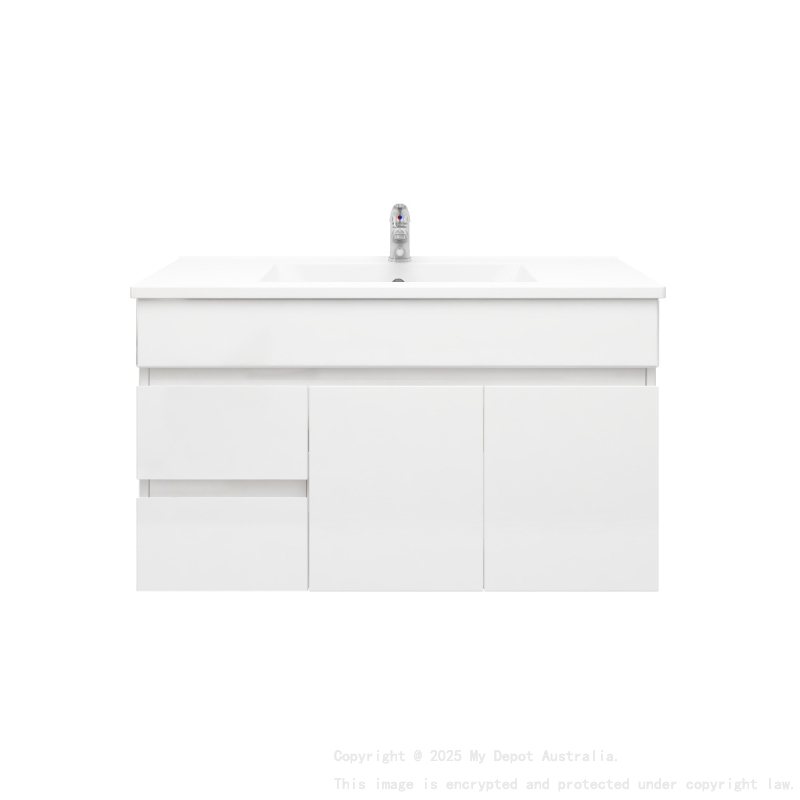 900MM Narrow Gloss White PVC Bathroom Vanity Wall Hung 2 Left Drawers 2 Right Doors Cabinet Only