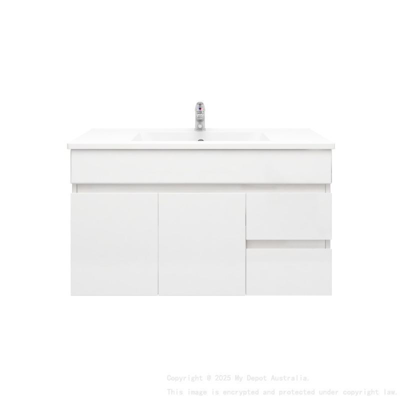 900MM Narrow Gloss White PVC Bathroom Vanity Wall Hung 2 Right Drawers 2 Left Doors Cabinet Only