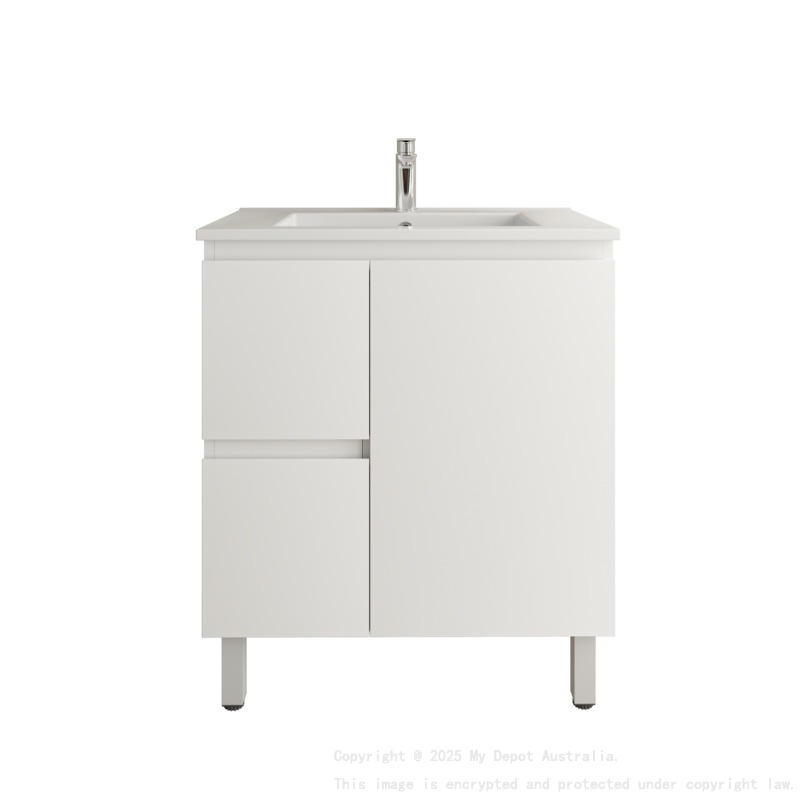 750Lx830Hx450Dmm Gloss White 2PAC PVC Two Left Drawers One Right Door Freestanding Vanity Cabinet Only