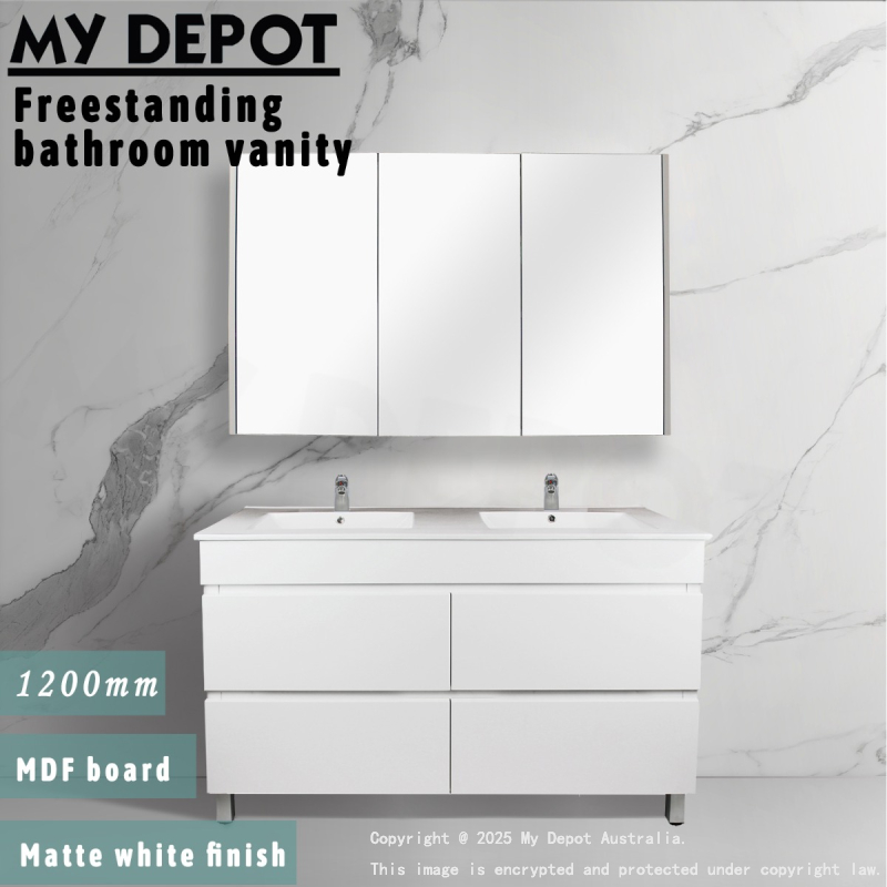 1200mm Matte White MDF Bathroom Vanity 4 Drawers Free Standing Cabinet Only