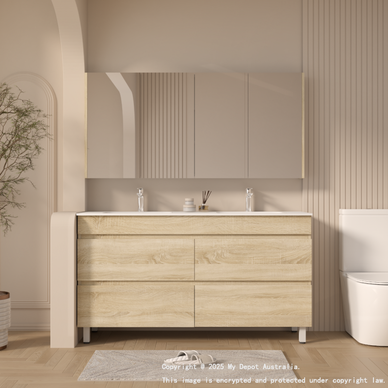1500mm White Oak MDF Bathroom Vanity 4 Drawers Free Standing Cabinet Only