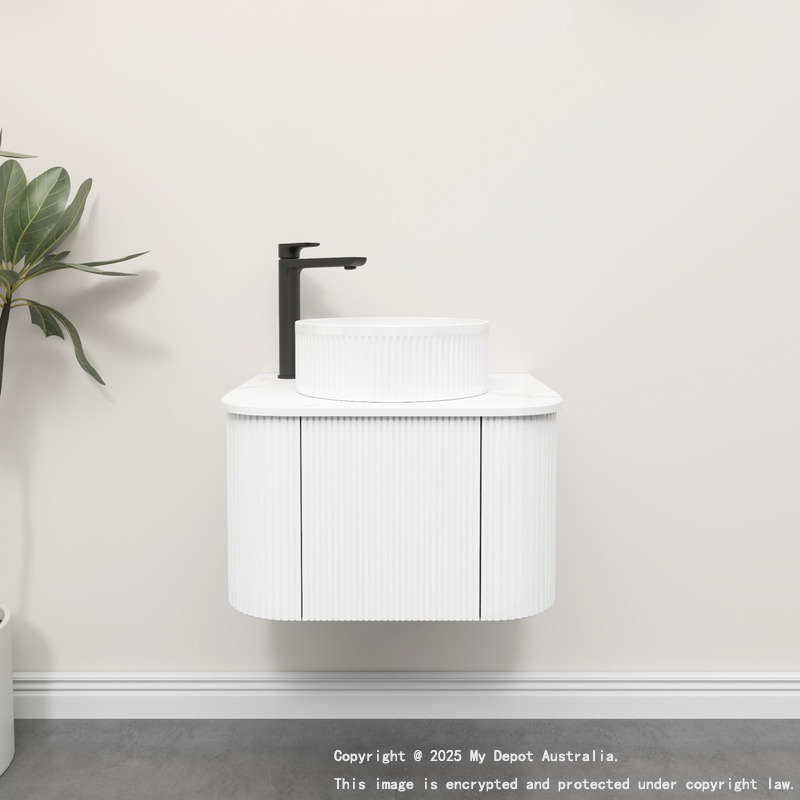 Kiama 600mm Matte White 1 Door Curved Wall Hung Fluted Bathroom Vanity