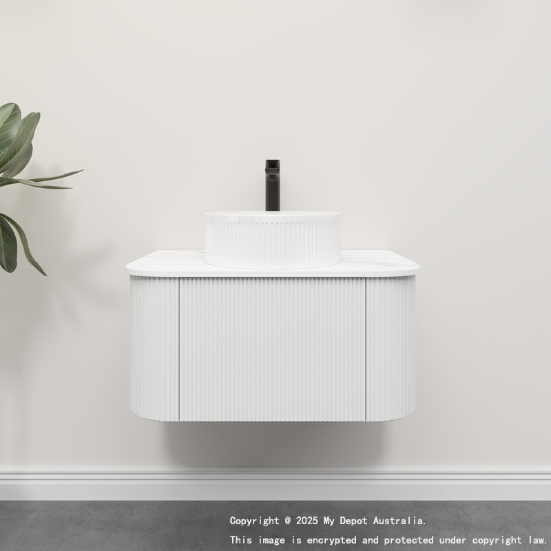 Kiama 750mm Matte White 1 Drawer Curved Wall Hung Fluted Bathroom Vanity