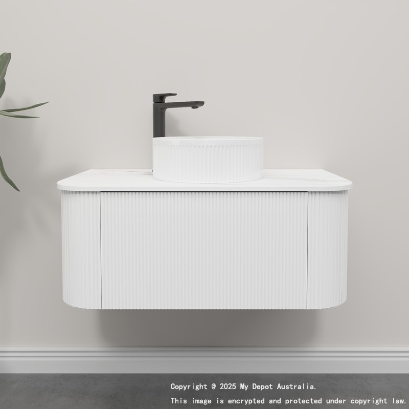 Kiama 950mm Matte White 1 Drawer Curved Wall Hung Fluted Bathroom Vanity