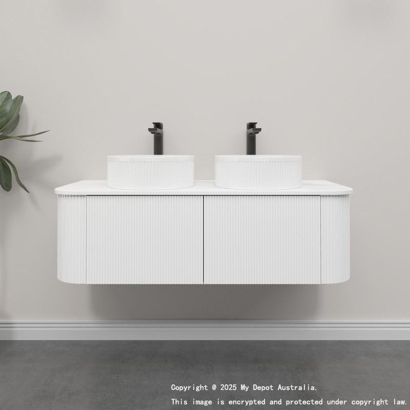 Kiama 1200mm Matte White 2 Drawers Curved Wall Hung Fluted Bathroom Vanity