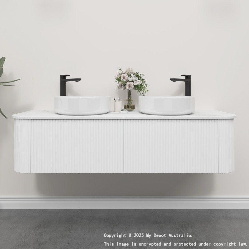 Kiama 1500mm Matte White 2 Drawers Curved Wall Hung Fluted Bathroom Vanity