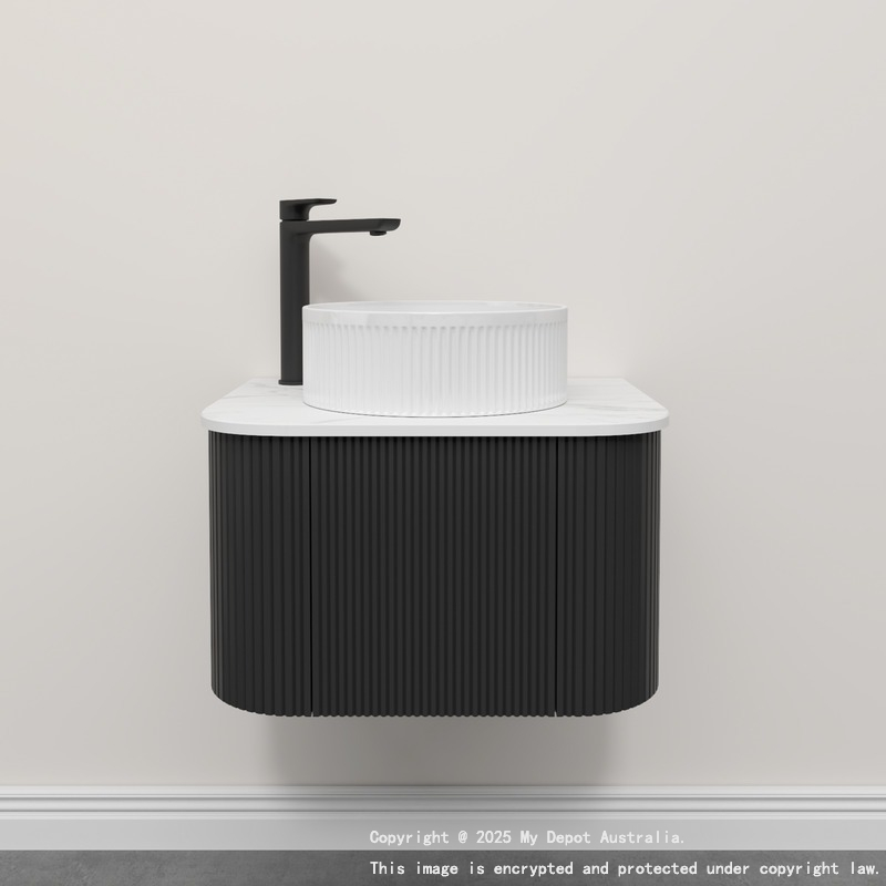 Kiama 600mm Matte Black 1 Door Curved Wall Hung Fluted Bathroom Vanity