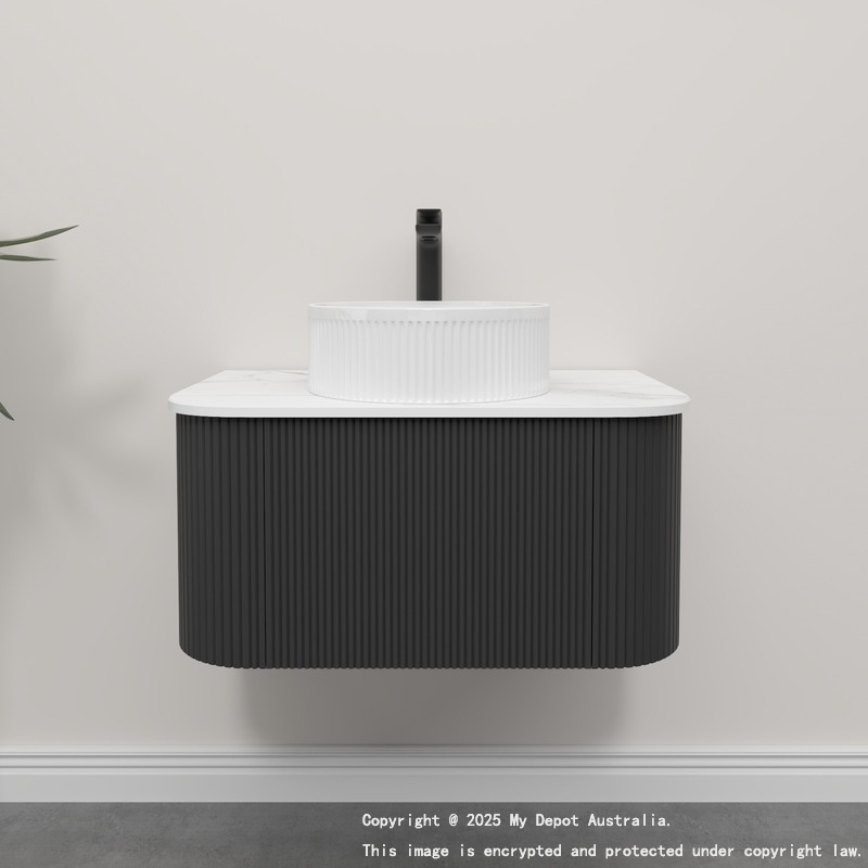 Kiama 750mm Matte Black 1 Drawer Curved Wall Hung Fluted Bathroom Vanity