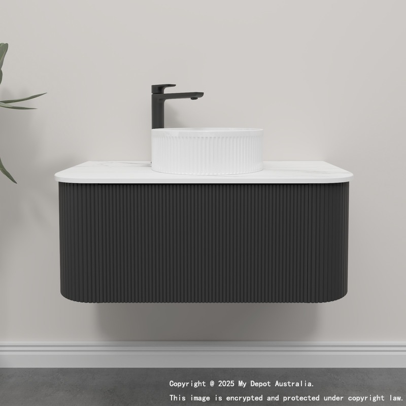 Kiama 950mm Matte Black 1 Drawer Curved Wall Hung Fluted Bathroom Vanity