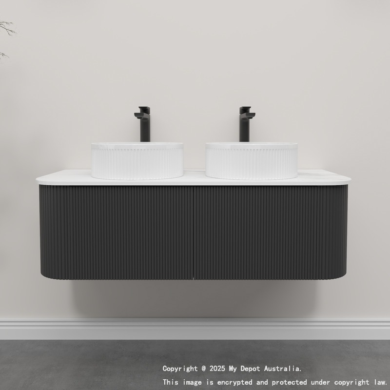 Kiama 1200mm Matte Black 2 Drawers Curved Wall Hung Fluted Bathroom Vanity