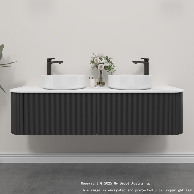 Kiama 1500mm Matte Black 2 Drawers Curved Wall Hung Fluted Bathroom Vanity