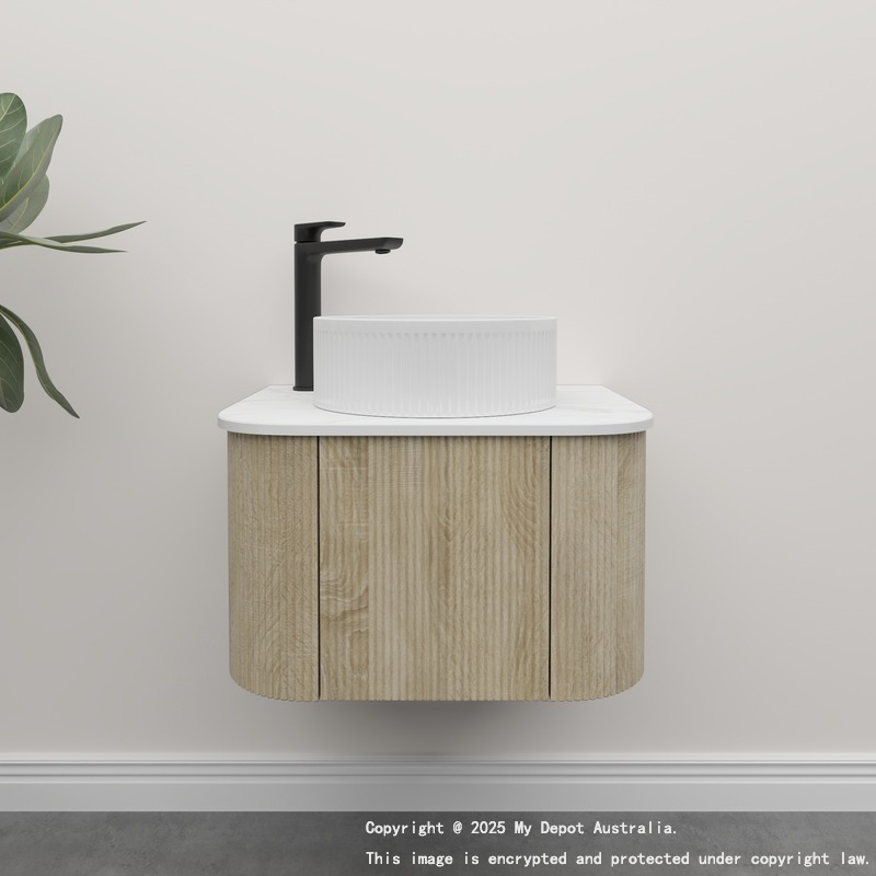 Kiama 600mm White Oak 1 Door Curved Wall Hung Fluted Bathroom Vanity