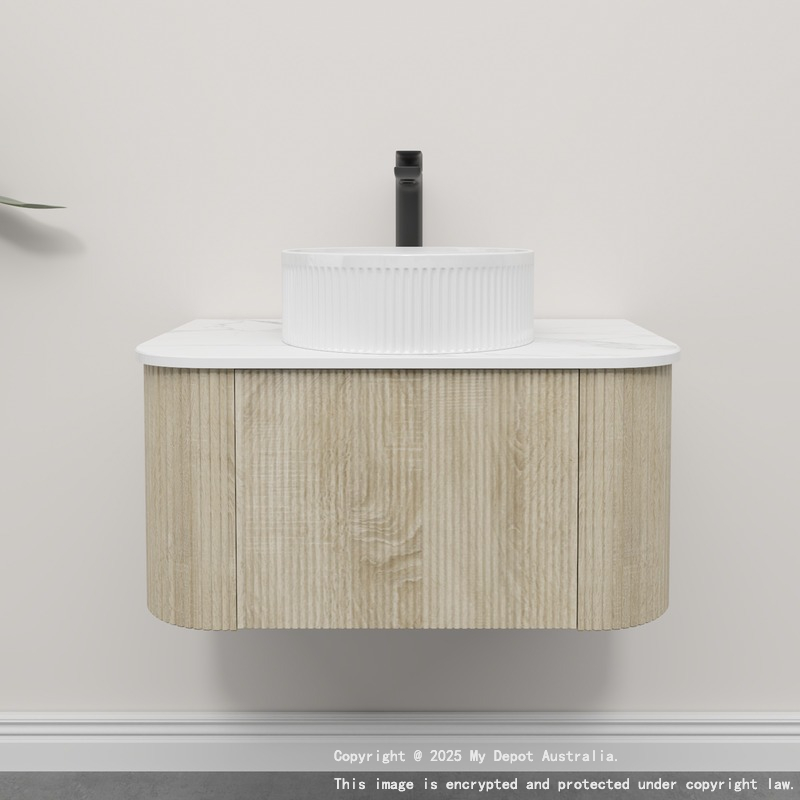 Kiama 750mm White Oak 1 Drawer Curved Wall Hung Fluted Bathroom Vanity