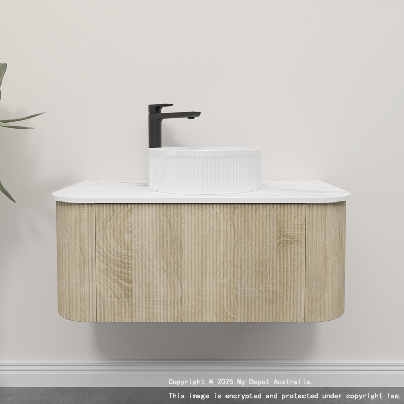 Kiama 950mm White Oak 1 Drawer Curved Wall Hung Fluted Bathroom Vanity
