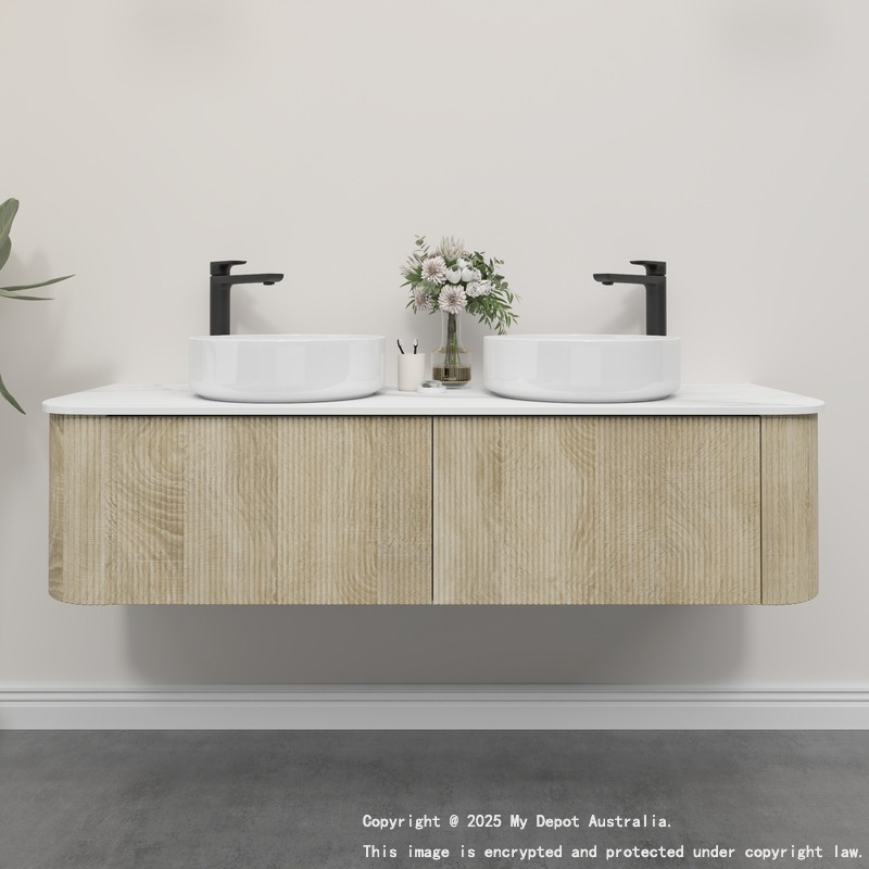 Kiama 1500mm White Oak 2 Drawers Curved Wall Hung Fluted Bathroom Vanity