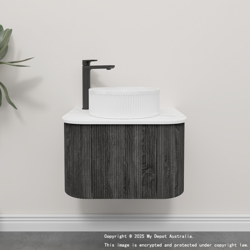 Kiama 600mm Dark Grey 1 Door Curved Wall Hung Fluted Bathroom Vanity