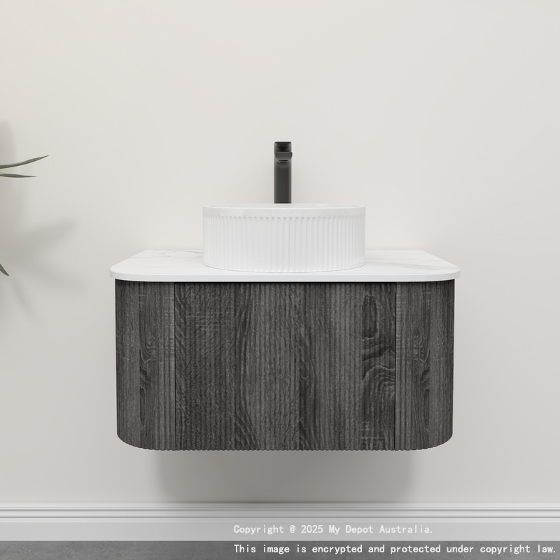 Kiama 750mm Dark Grey 1 Drawer Curved Wall Hung Fluted Bathroom Vanity