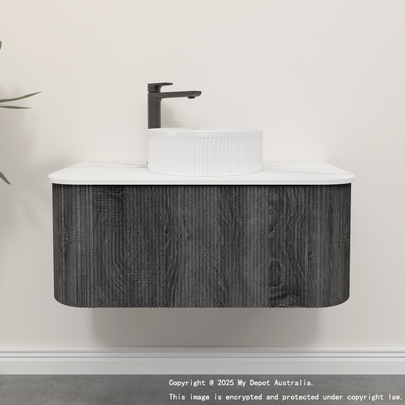 Kiama 950mm Dark Grey 1 Drawer Curved Wall Hung Fluted Bathroom Vanity