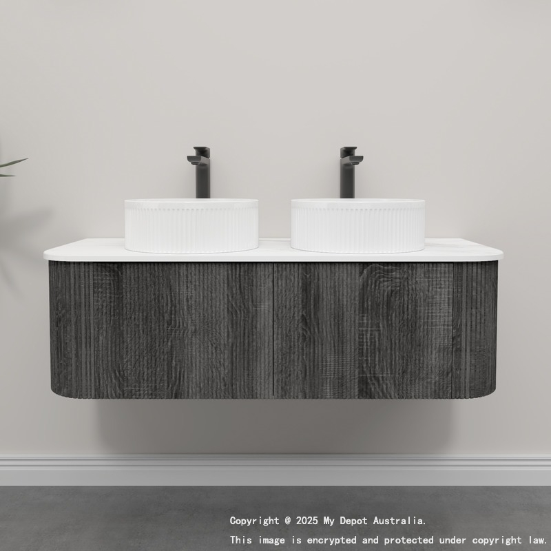Kiama 1200mm Dark Grey 2 Drawers Curved Wall Hung Fluted Bathroom Vanity