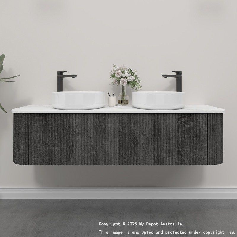 Kiama 1500mm Dark Grey 2 Drawers Curved Wall Hung Fluted Bathroom Vanity