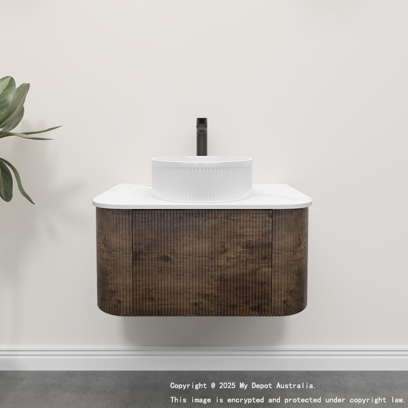 Kiama 750mm Dark Oak 1 Drawer Curved Wall Hung Fluted Bathroom Vanity