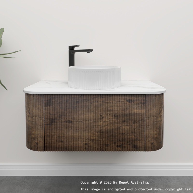 Kiama 950mm Dark Oak 1 Drawer Curved Wall Hung Fluted Bathroom Vanity