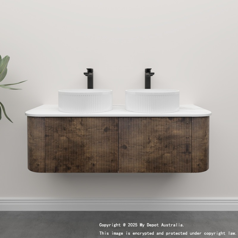 Kiama 1200mm Dark Oak 2 Drawers Curved Wall Hung Fluted Bathroom Vanity